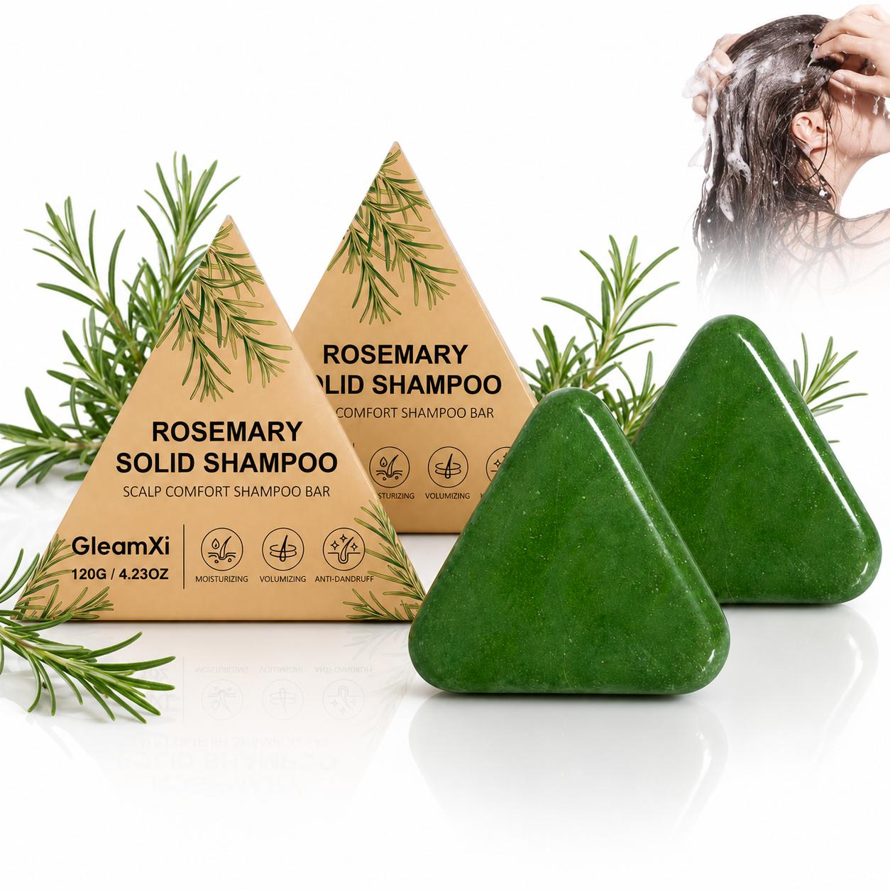 2 Stück Rosmarin-Shampoo-Riegel, koreanischer Kopfhaut-Revival-Riegel, natürliches festes Dreiecksshampoo mit Usman-Gras für Frauen und Männer, voluminös und stärkend für alle Haartypen, 240g