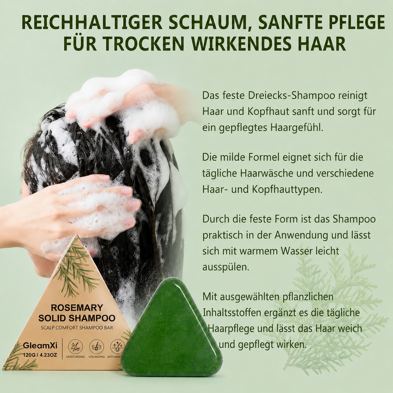 2 Stück Rosmarin-Shampoo-Riegel, koreanischer Kopfhaut-Revival-Riegel, natürliches festes Dreiecksshampoo mit Usman-Gras für Frauen und Männer, voluminös und stärkend für alle Haartypen, 240g