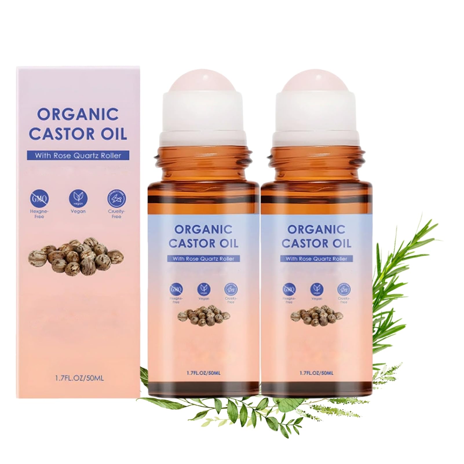 2 Stück Bio-Rizinusöl Rosenquarz-Roller,Organic Castor Oil Rose Quartz Roller Ball,Bio-Rizinusöl-Roll-on,Tiefe & langanhaltende Feuchtigkeit,Sanft & effektiv,Rizinusöl-Hautpflege für alle Hauttypen